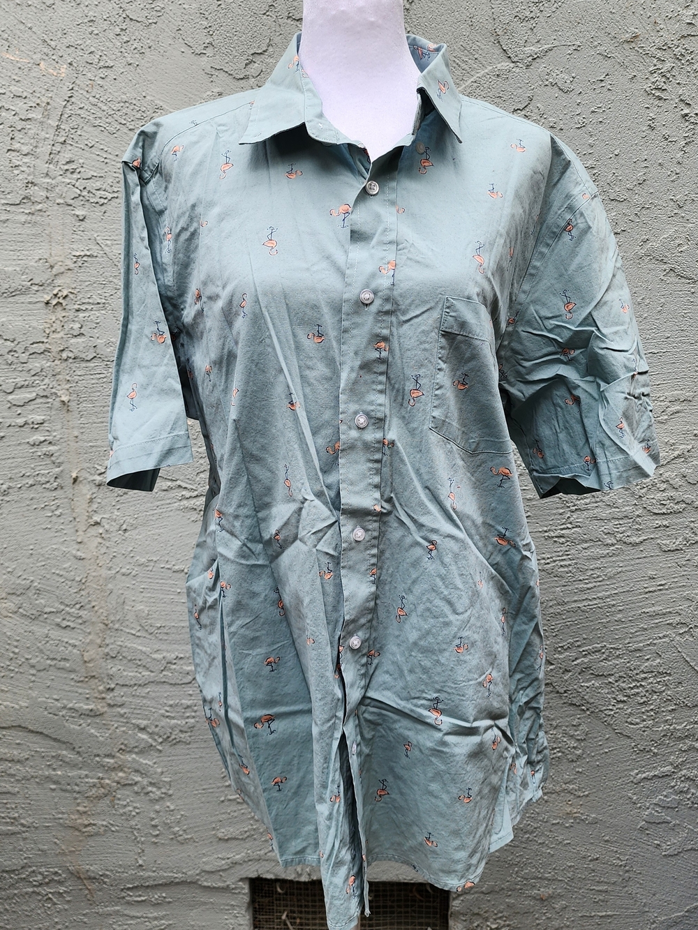 George Men’s Sage Green Pink Flamingo Print Short Sleeve Button Down L 42-44